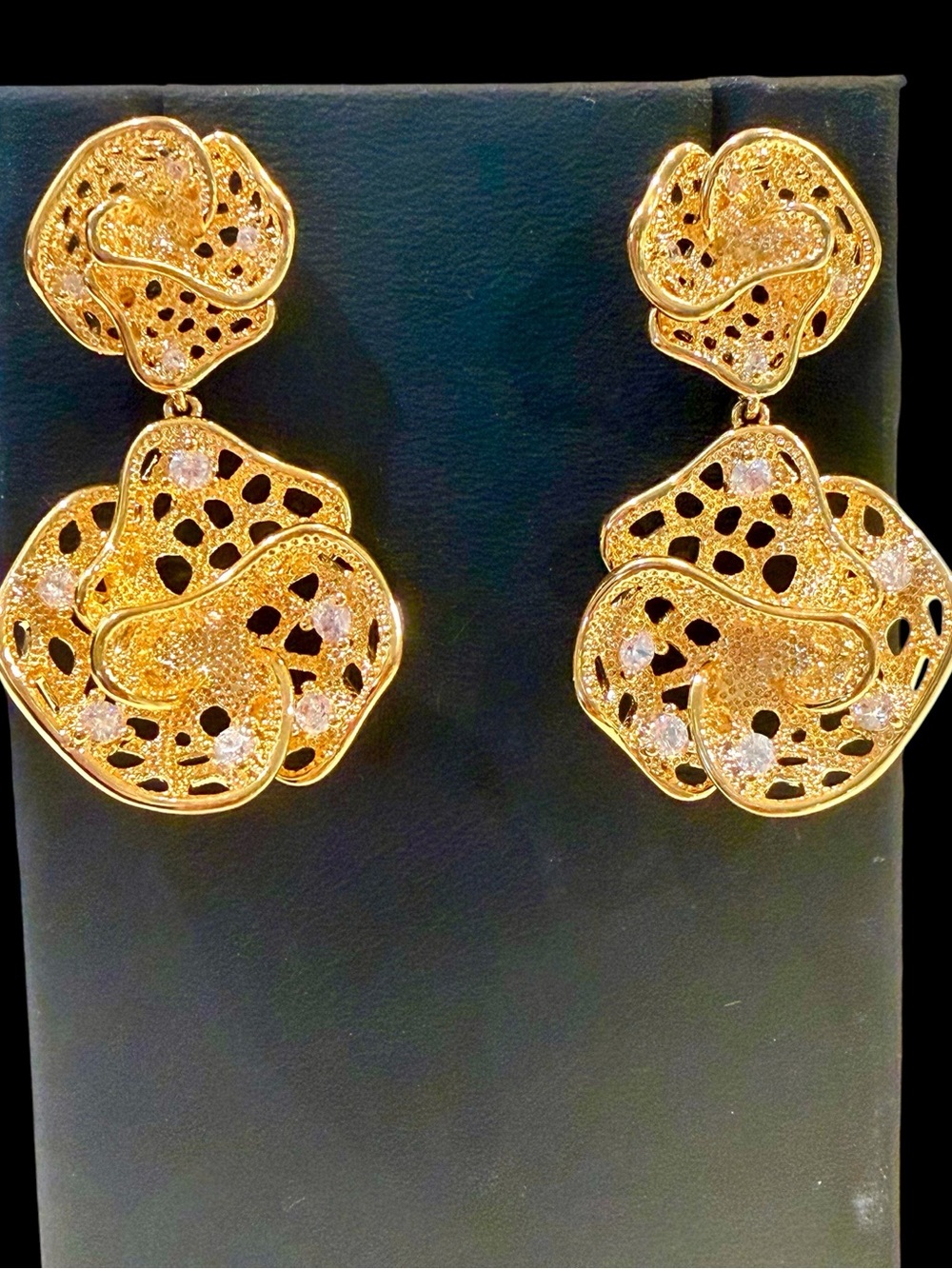 Gold Plated 3D Filigree Floral Swirl Drop Statement Earrings (15.3g)